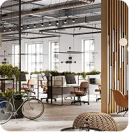 office space with natural light, stylish furniture, indoor plants