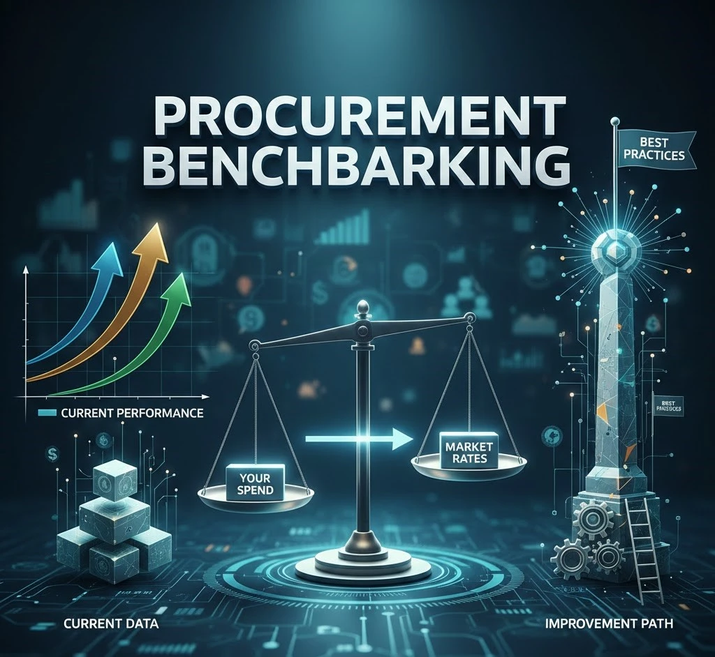 A detailed infographic on Procurement Benchmarking showing Current Performance, Your Spend vs. Market Rates, and Improvement Path.