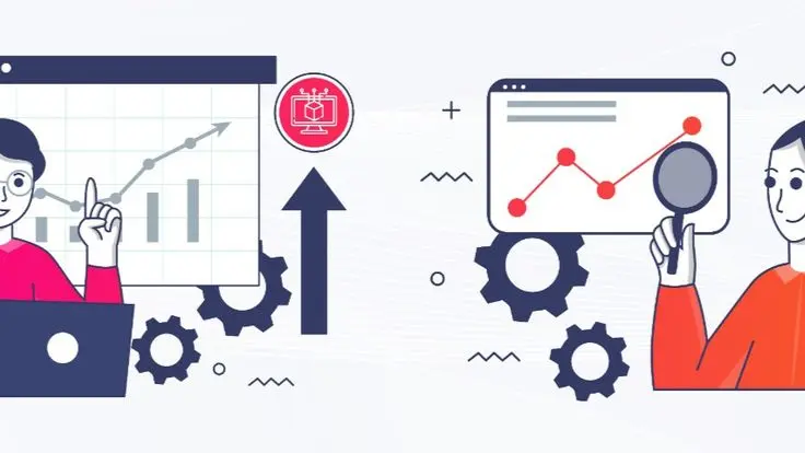 Illustration of professionals analyzing charts and gears for procurement best practices benchmarks to drive growth