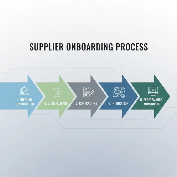 A 5-step infographic arrow chart illustrating the Supplier Onboarding process from identification to performance monitoring