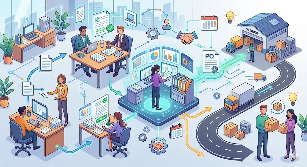 A vibrant infographic showing the purchase requisition process from approval to vendor delivery in an office setting