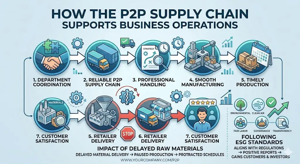Infographic on what is p2p supply chain, showing coordination, manufacturing flow, ESG standards, and impact of delays