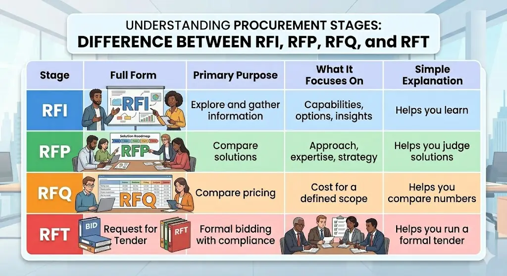 What Is an RFI? RFI vs RFP, RFQ, and RFT