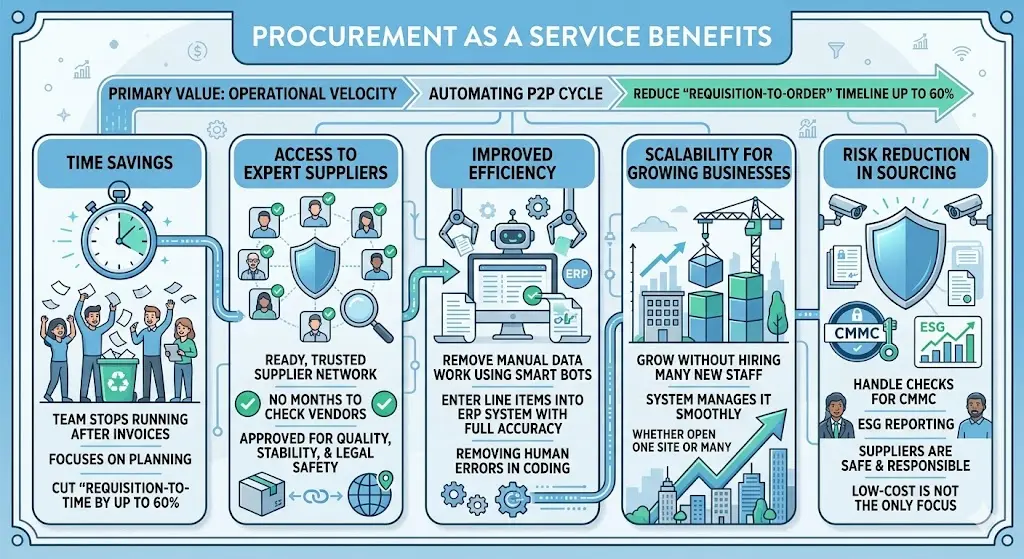 illustrating Procurement as a service benefits, including time savings, expert suppliers, and efficiency